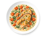 Сёмга в нежном сливочном соусе с томатами и шпинатом